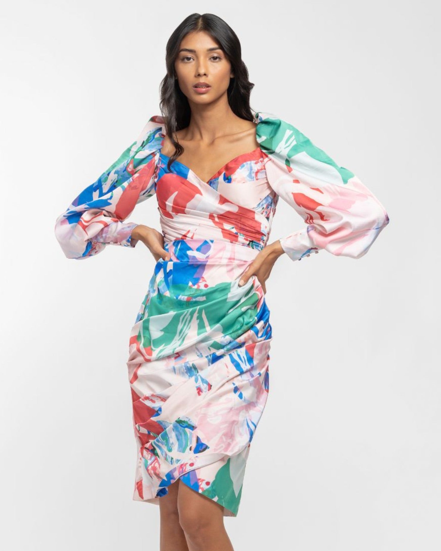 Satin Printed Draped Dress