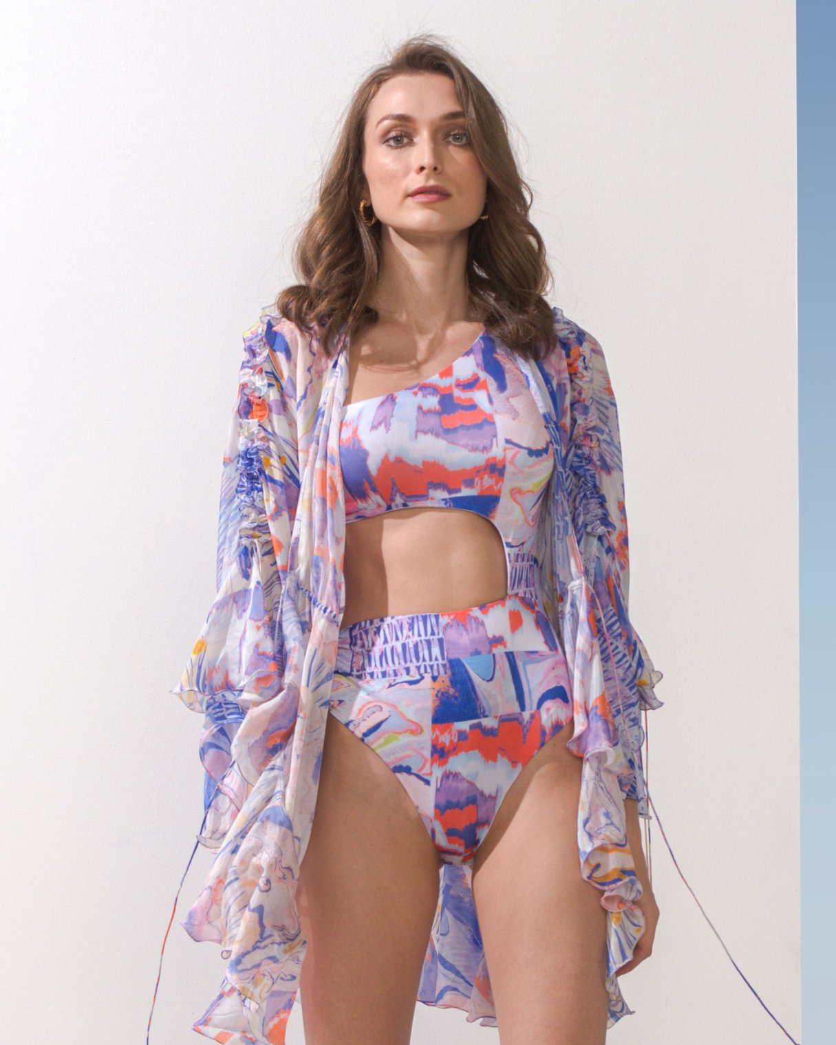 Spandex Blue Multi Printed Bodysuit With Cape