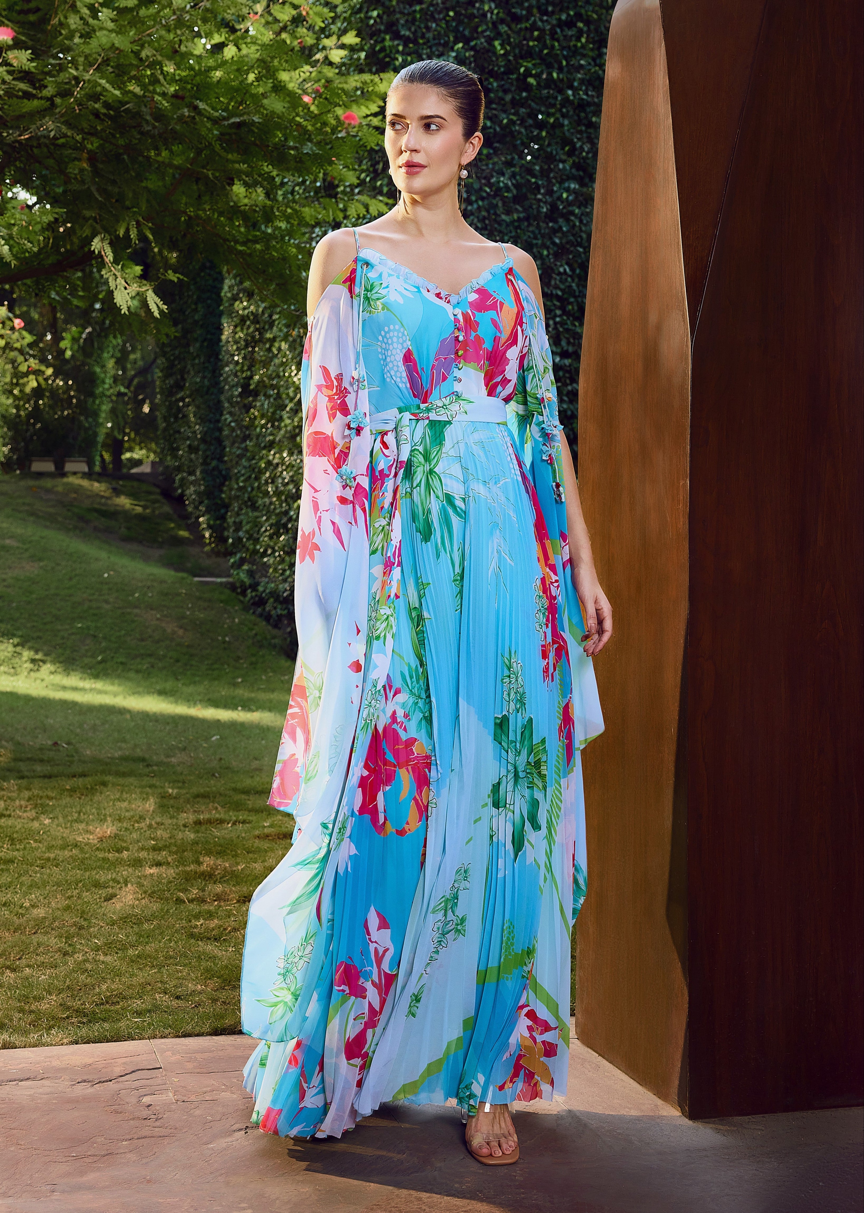 Deep V-Neck Heat Pleat Maxi Dress –