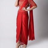 Embroidered Red Chiffon Drape Saree