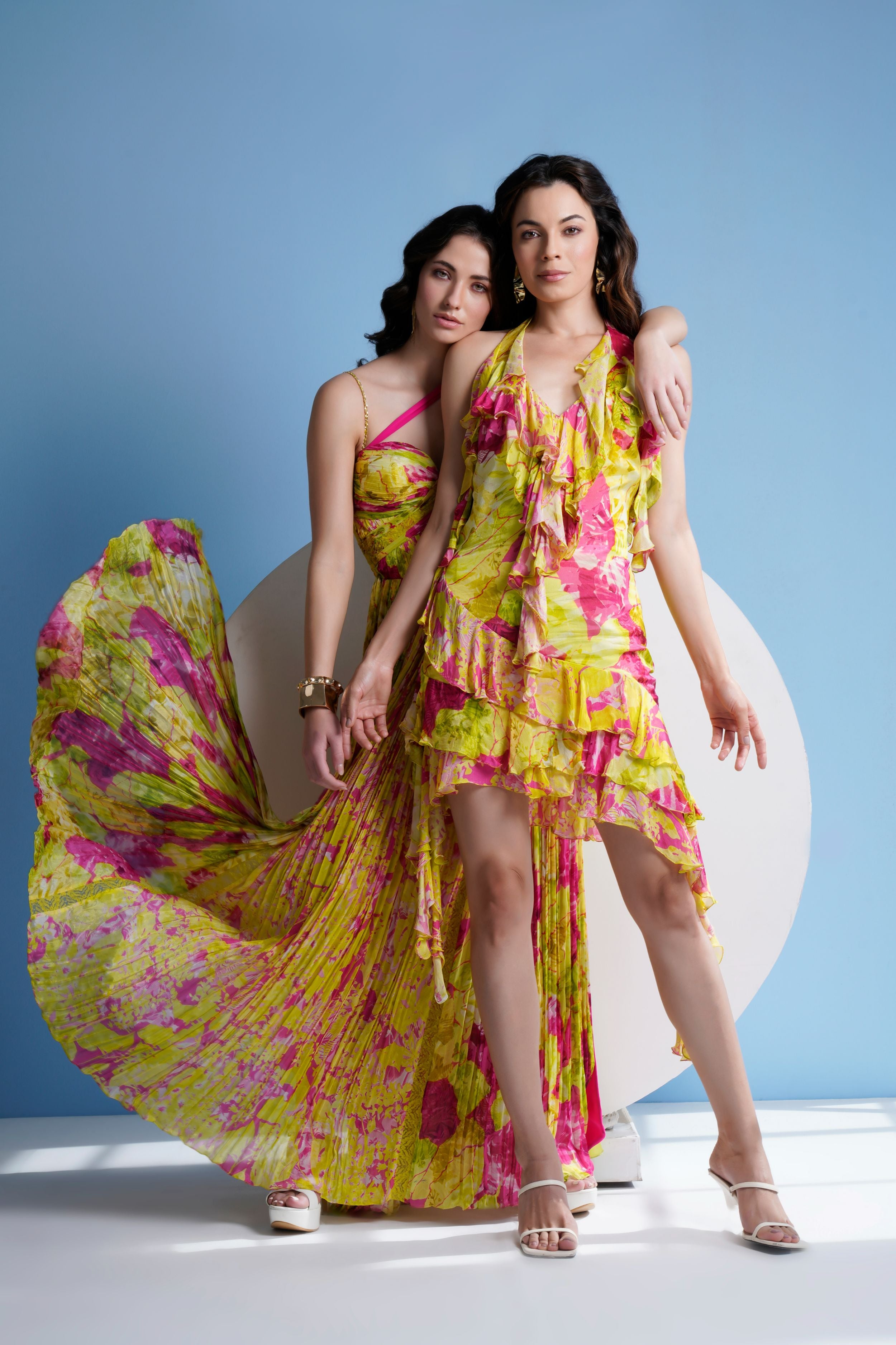 Floral maxi dress in pleated chiffon