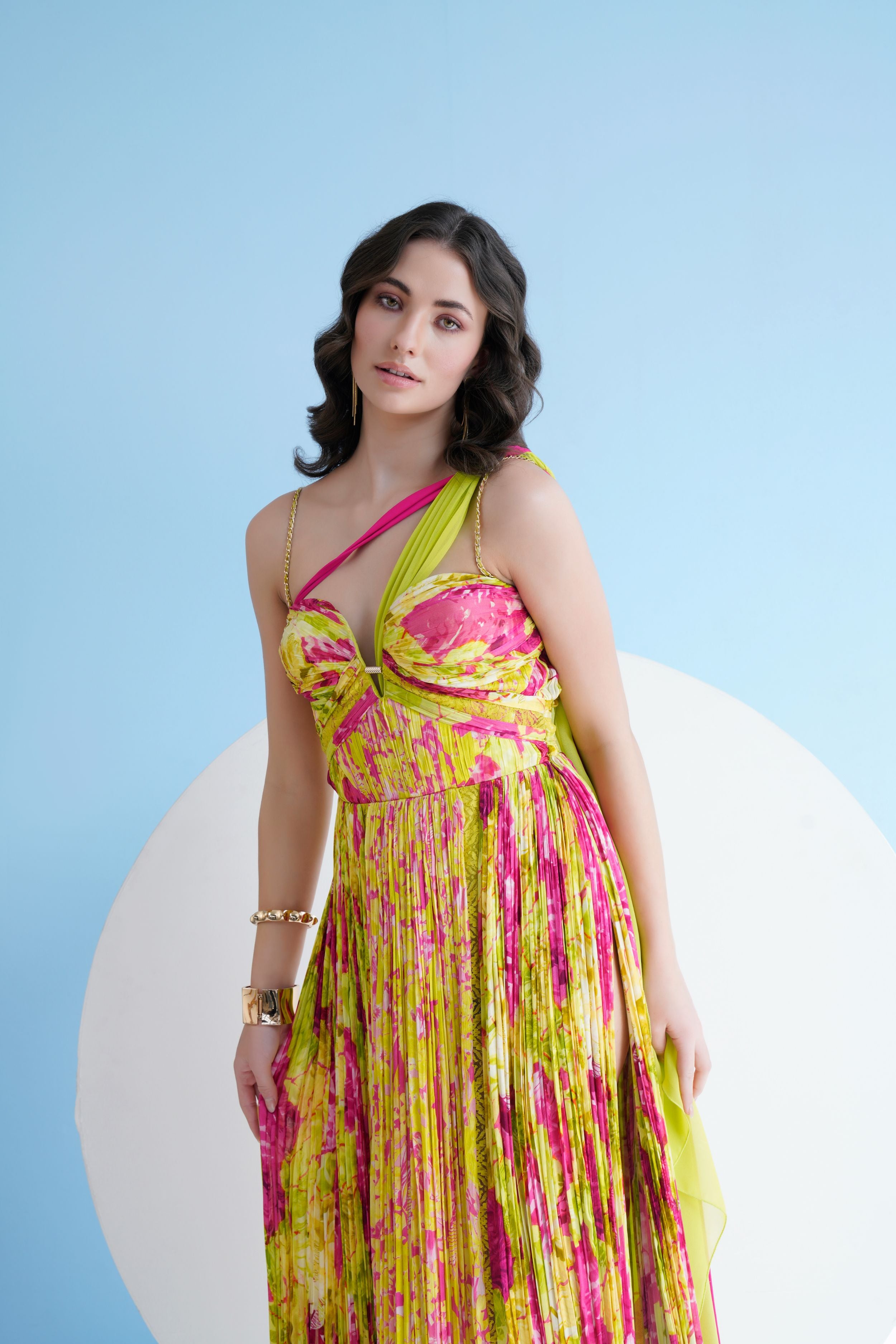 Floral maxi dress in pleated chiffon