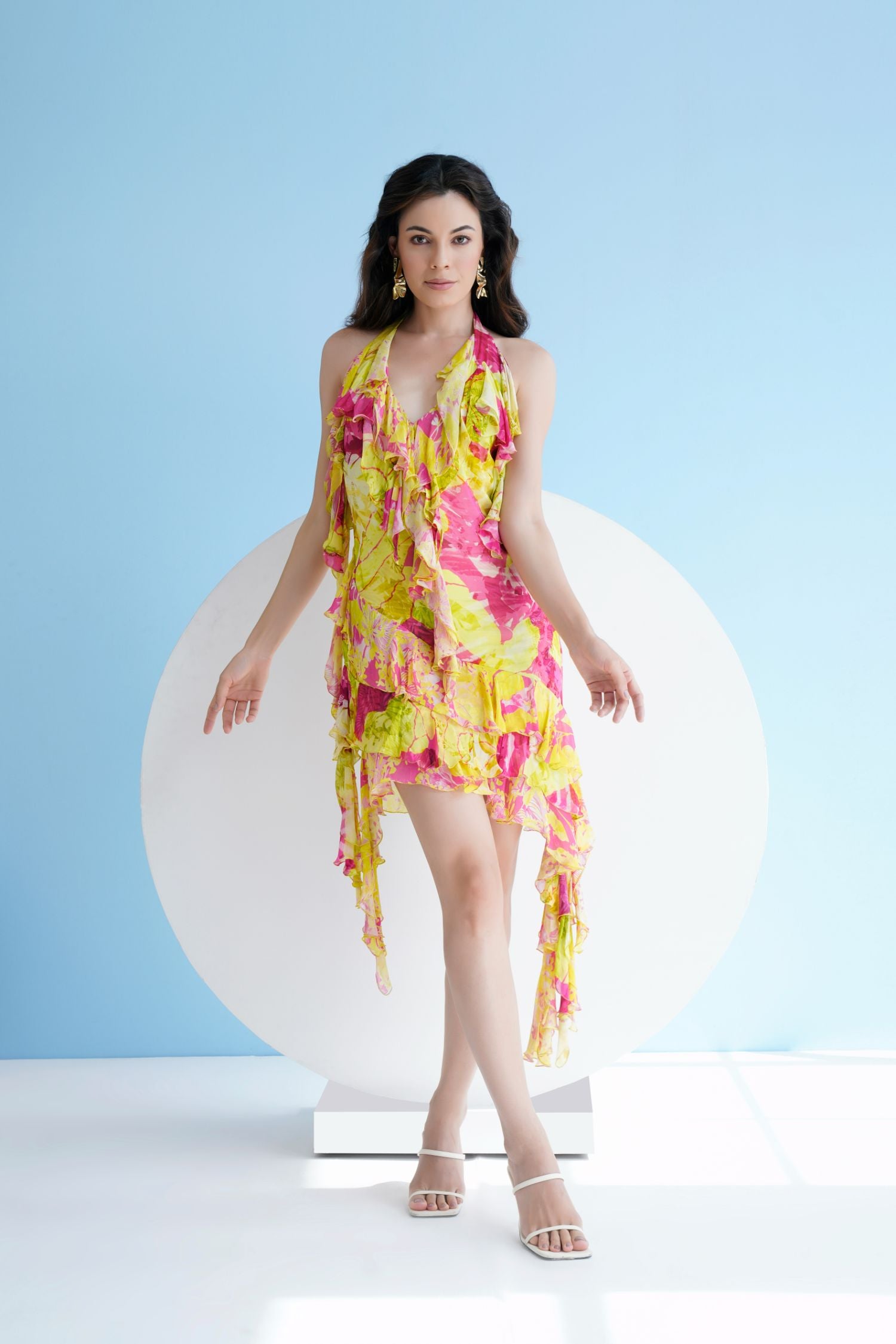 Neon Pink Floral Printed Short Dress