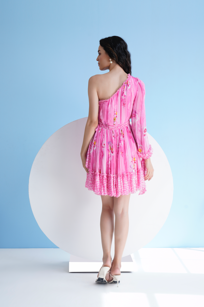 Featuring Pink Pastoral Mist Printed Dress In Pleated Chiffon With Frilled Hem