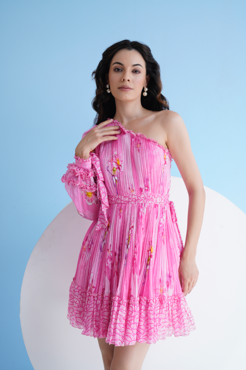 Featuring Pink Pastoral Mist Printed Dress In Pleated Chiffon With Frilled Hem