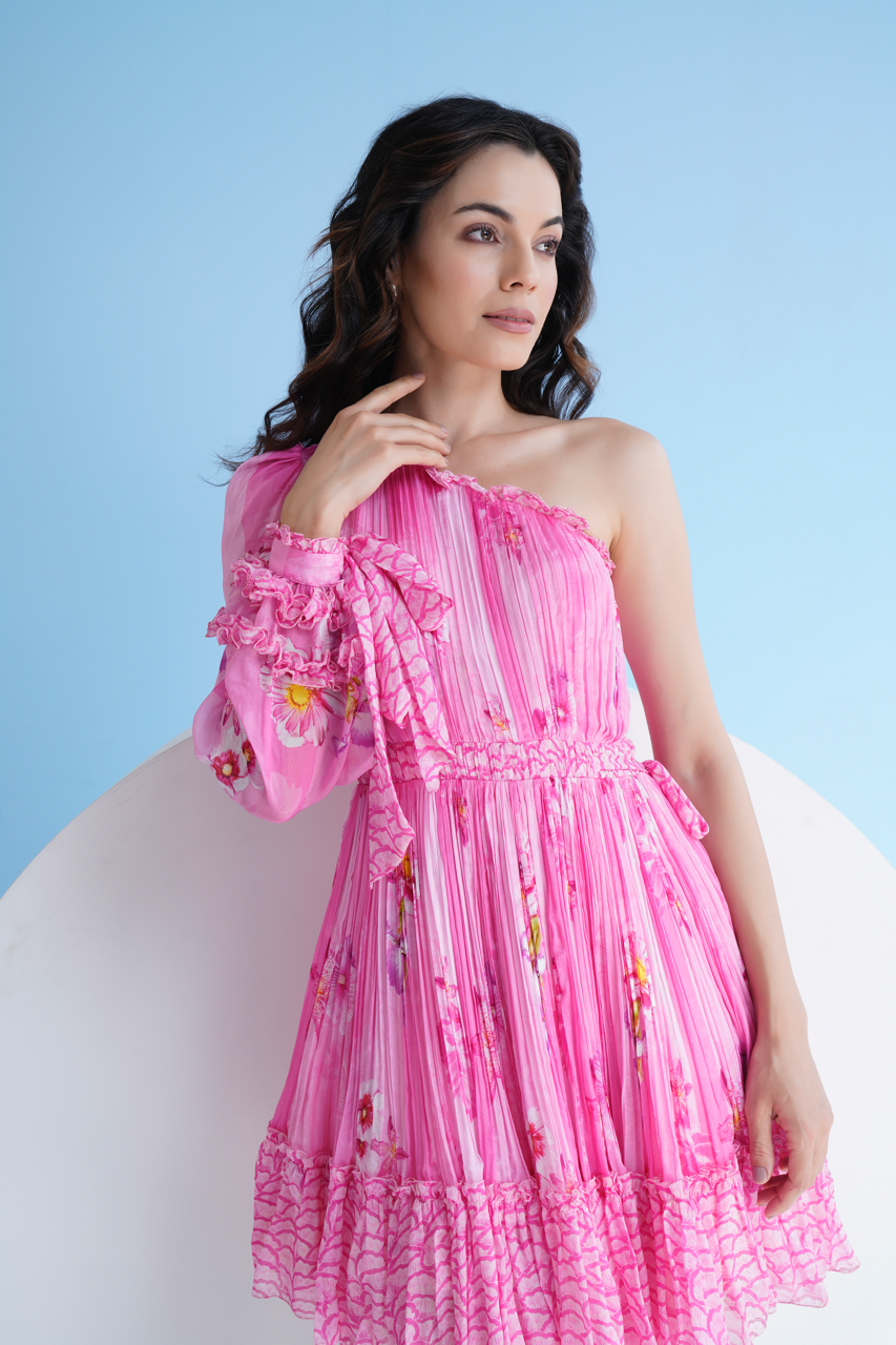 Featuring Pink Pastoral Mist Printed Dress In Pleated Chiffon With Frilled Hem