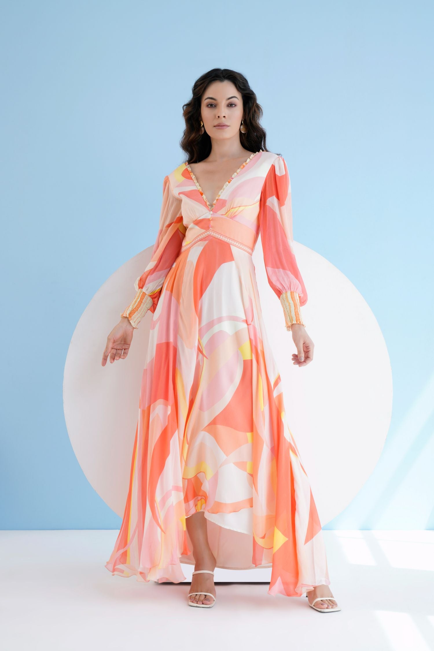 Peach Golden Ratio Printed Long Dress In Chiffon With Plunging
Neckline And Puff Sleeves