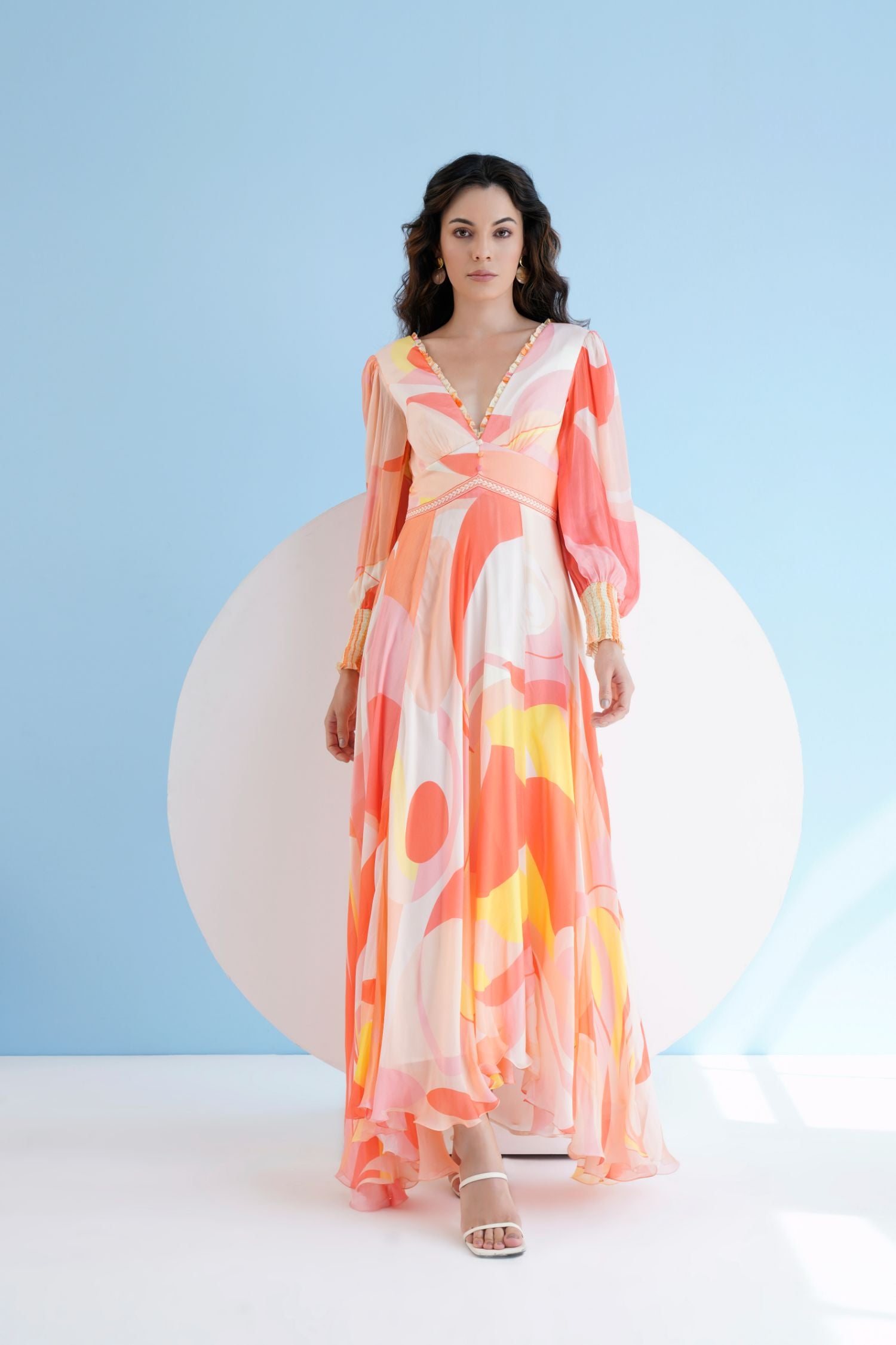 Peach Golden Ratio Printed Long Dress In Chiffon With Plunging
Neckline And Puff Sleeves