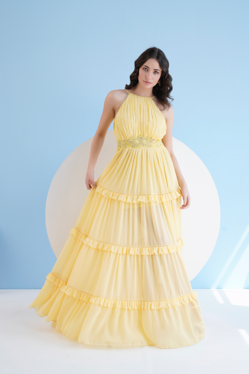 Yellow Halter Neck Long Dress In Georgette With Embroidery And
Frill Detail