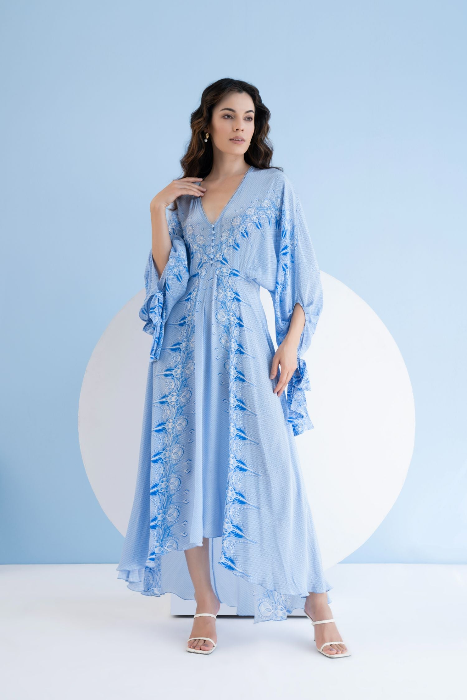 Ice Fly Printed High Low Dress With Kaftan Sleeves