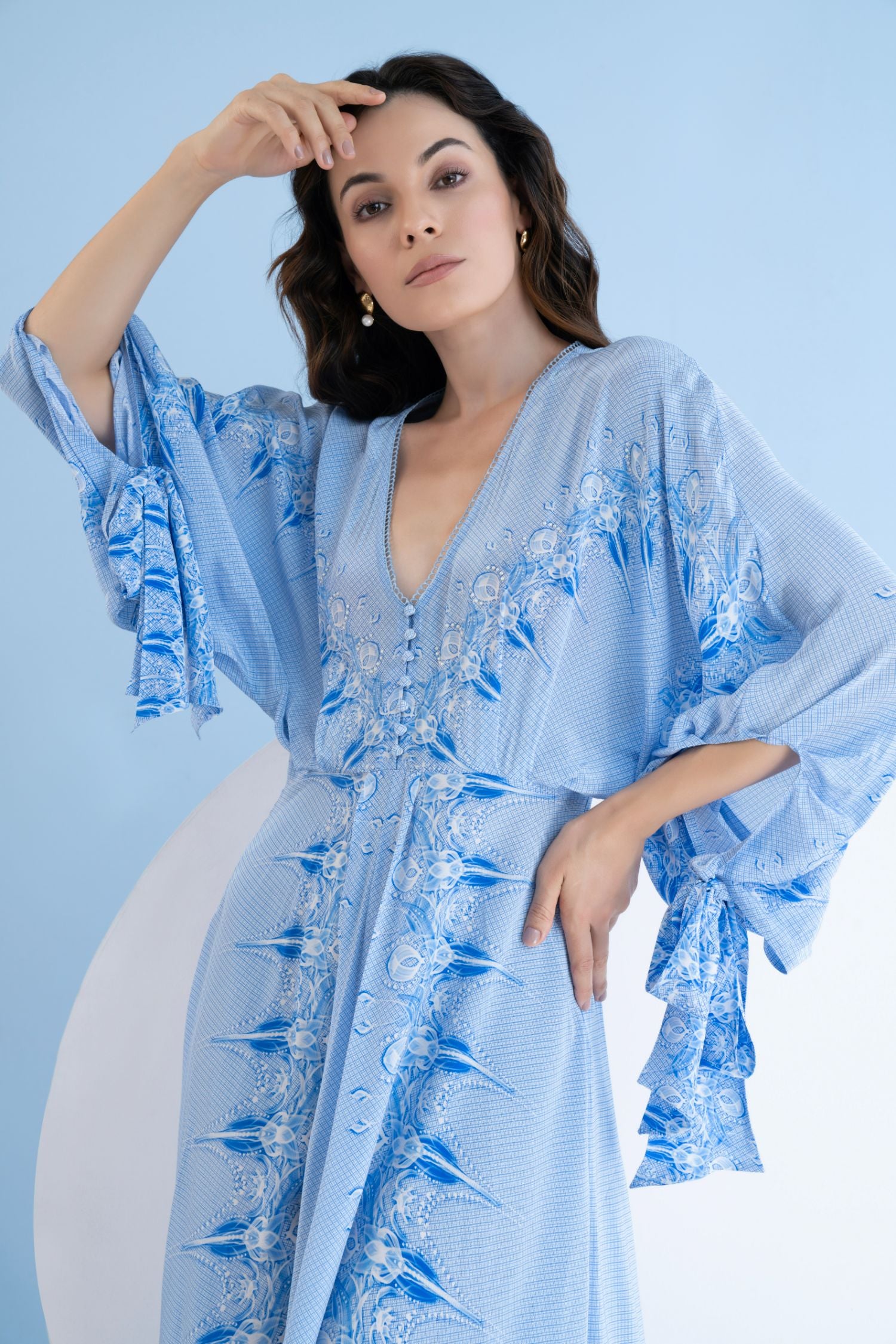 Ice Fly Printed High Low Dress With Kaftan Sleeves