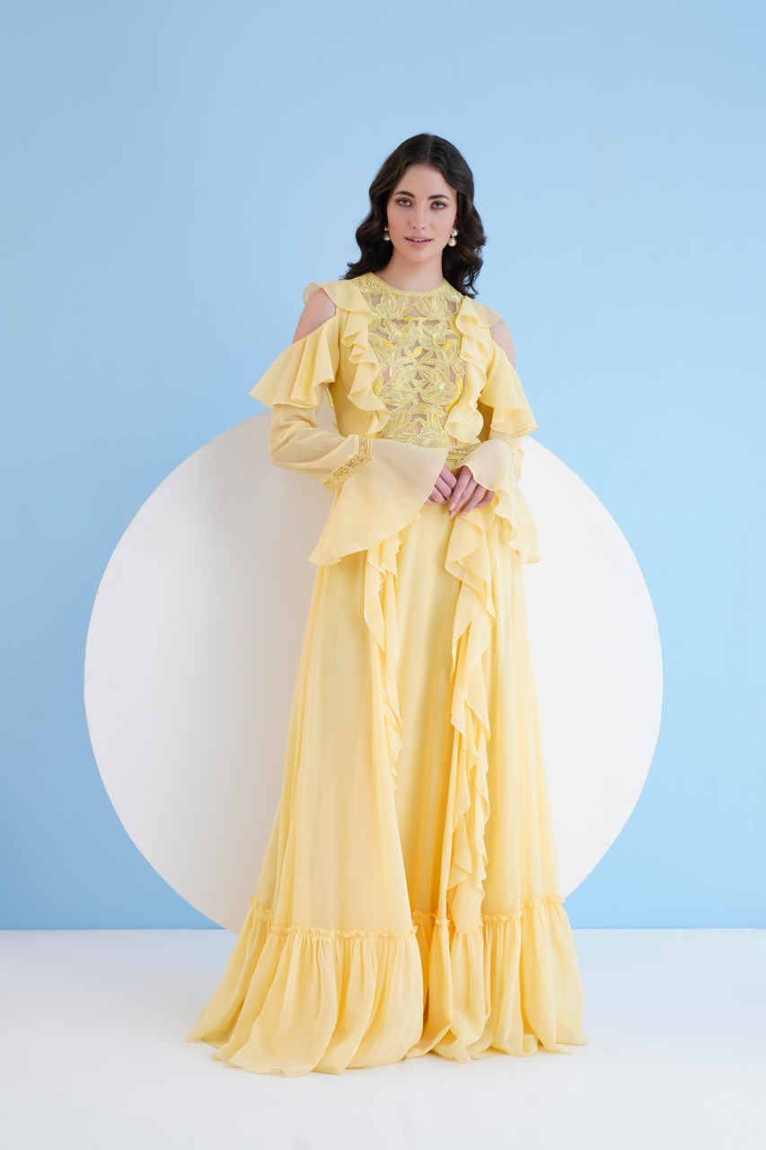 Yellow Long Dress With Shoulder Cutout And Lace Detail