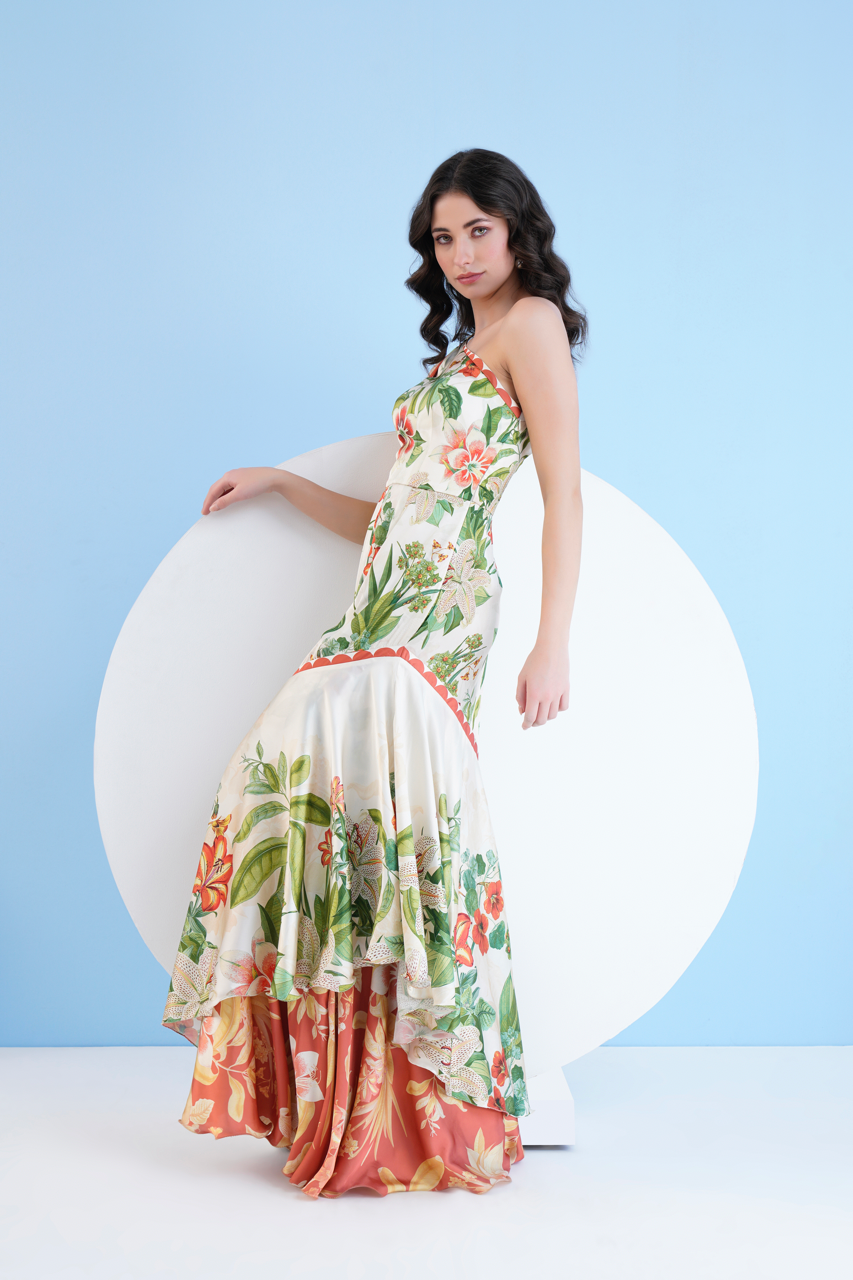 Exotic Lily Printed One Shoulder Tiered Dress