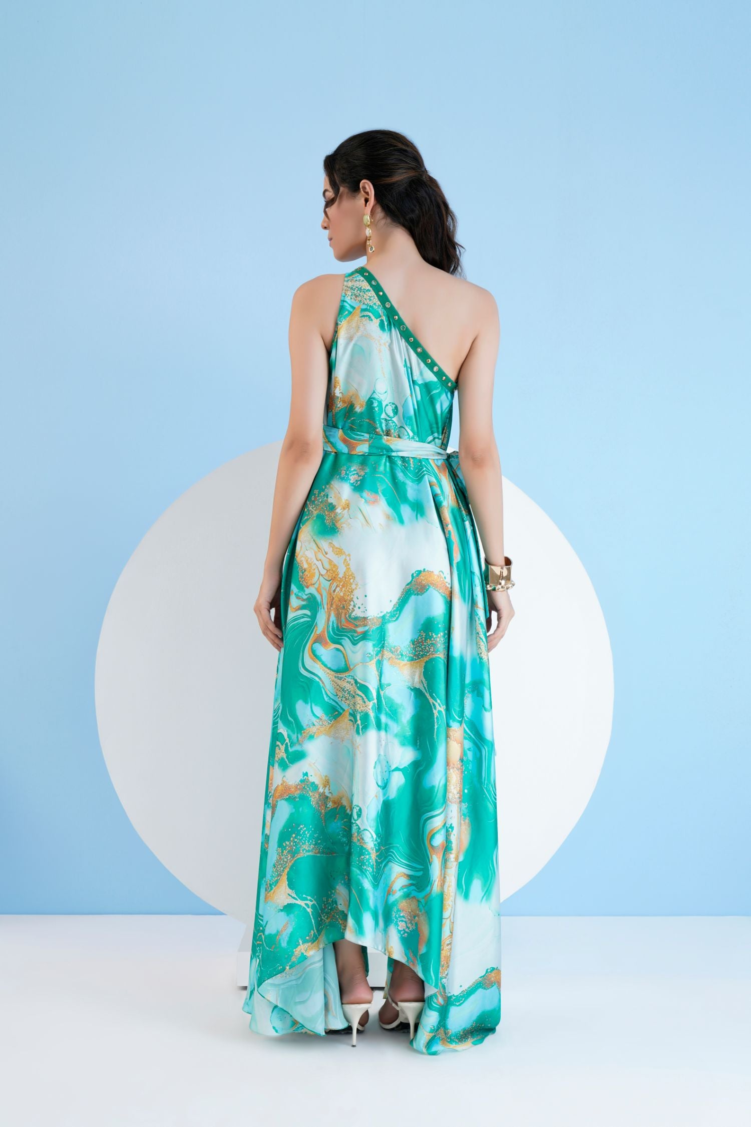 Green trippy romance printed one shoulder kaftan dress