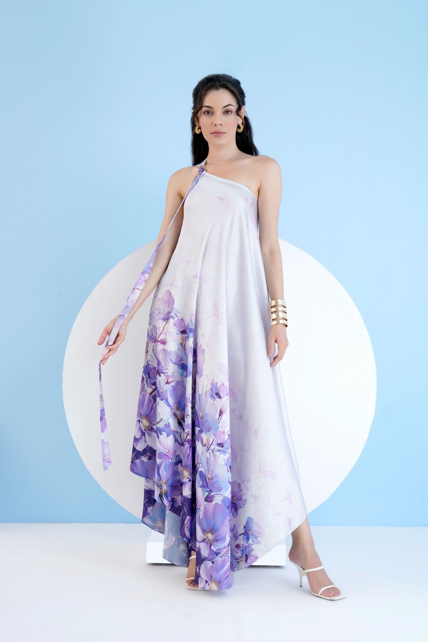 Lilac Bauhinia Printed One Shoulder High Low Kaftan Dress