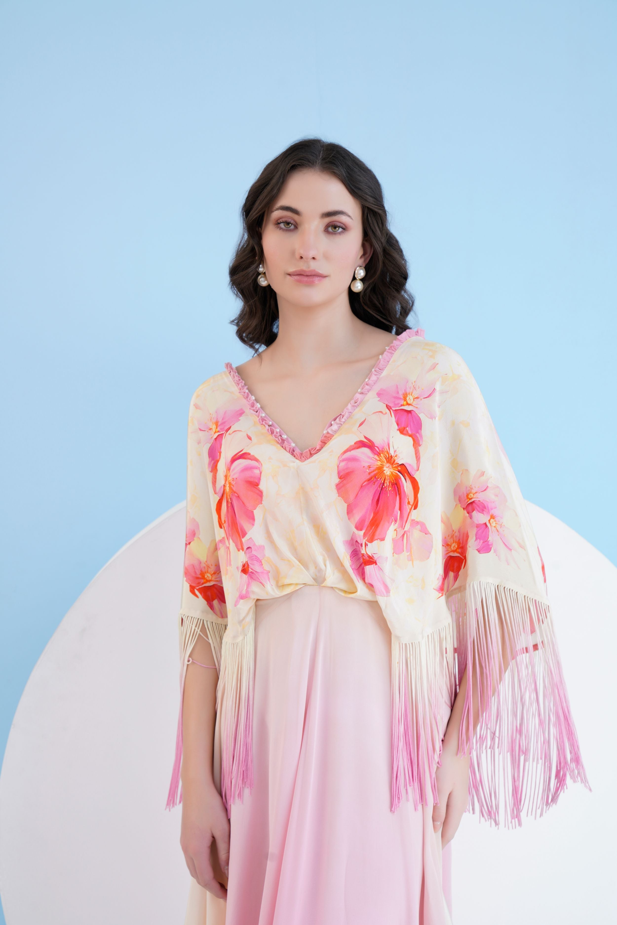 Bauhinia printed ombre dress with pearl detail and plunging neckline