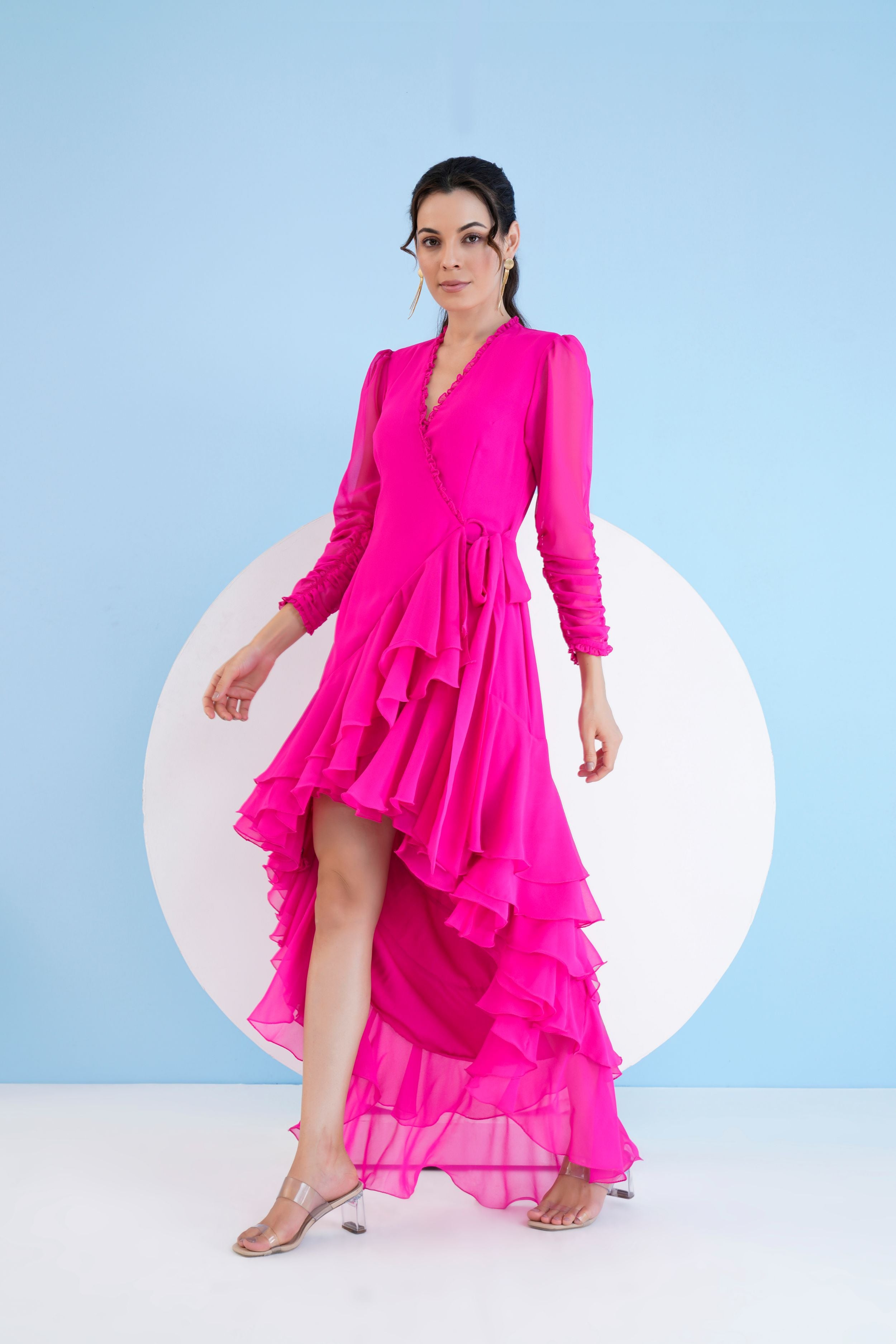 Dark pink high low wrap dress with 
 elasticated sleeves and fringed hemline
