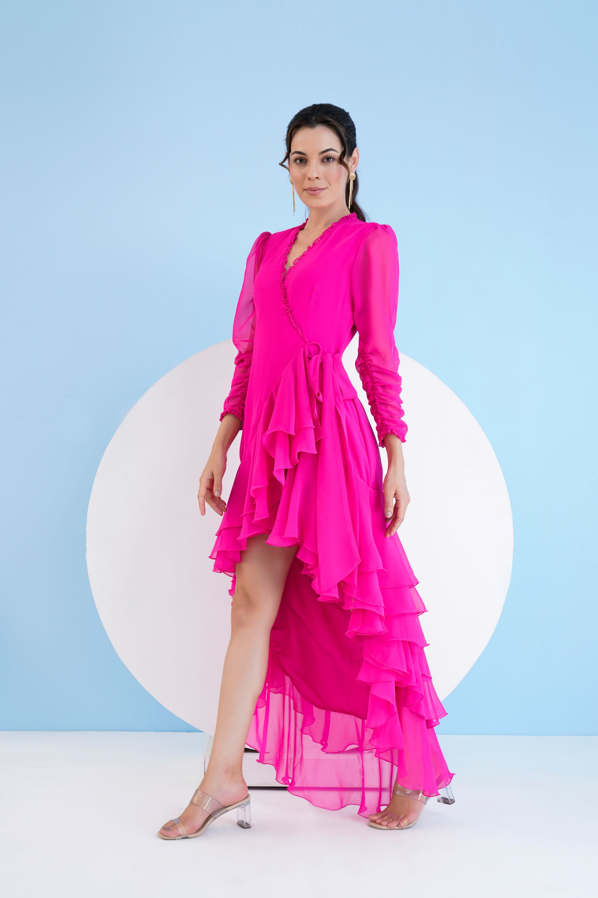 Dark pink high low wrap dress with 
 elasticated sleeves and fringed hemline