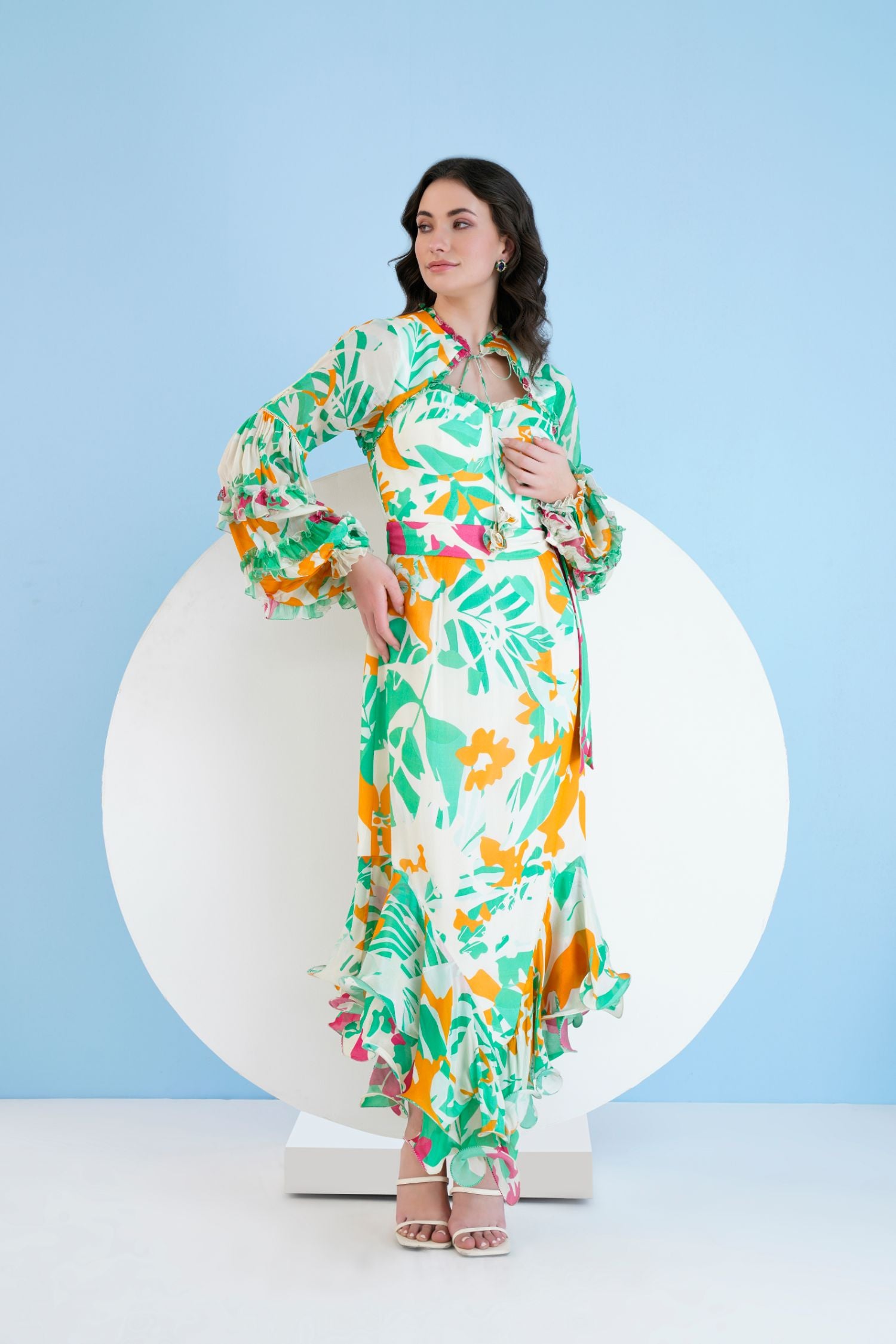 Printed High Low Dress With Frilled Puff Sleeves And
Constructed Yoke