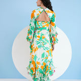 Mustard Green Floret Spring Asymmetric Dress