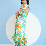 Mustard Green Floret Spring Asymmetric Dress
