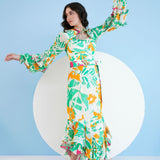 Mustard Green Floret Spring Asymmetric Dress