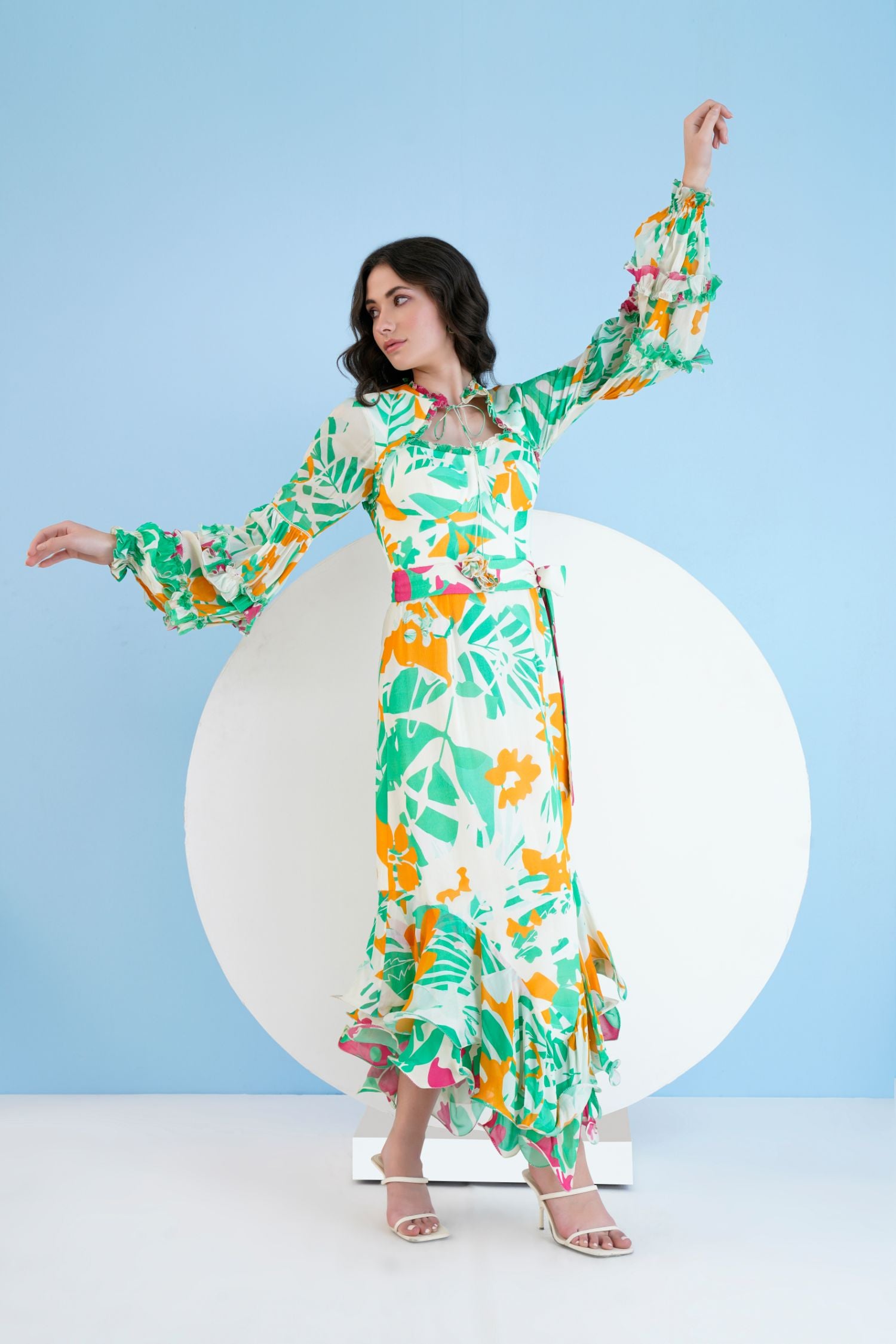 Printed High Low Dress With Frilled Puff Sleeves And
Constructed Yoke