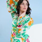 Mustard Green Floret Spring Asymmetric Dress