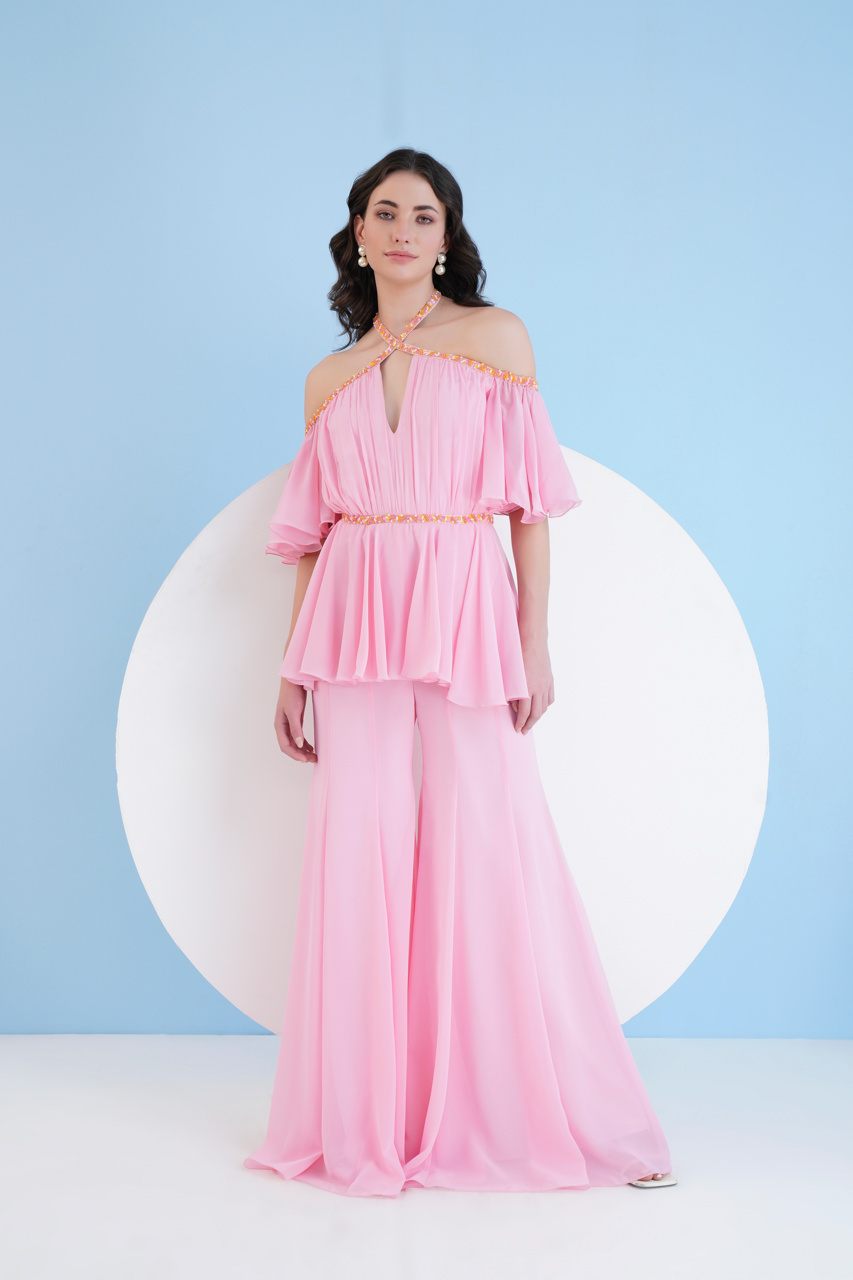 Pink Embroidered Cross Neck Jumpsuit With Flared Sleeves