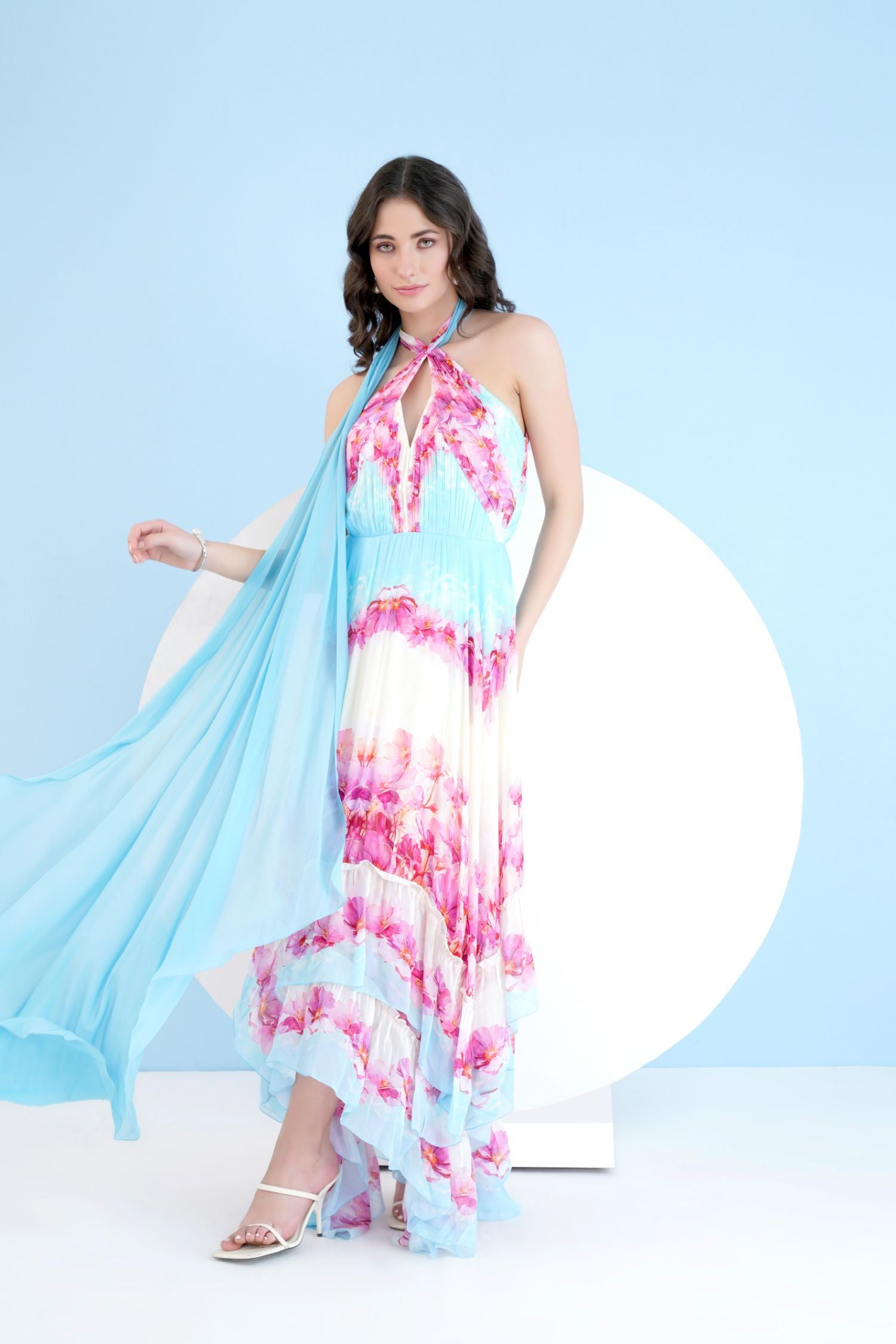 Pink Dune Printed High Low Dress With Cross Neckline