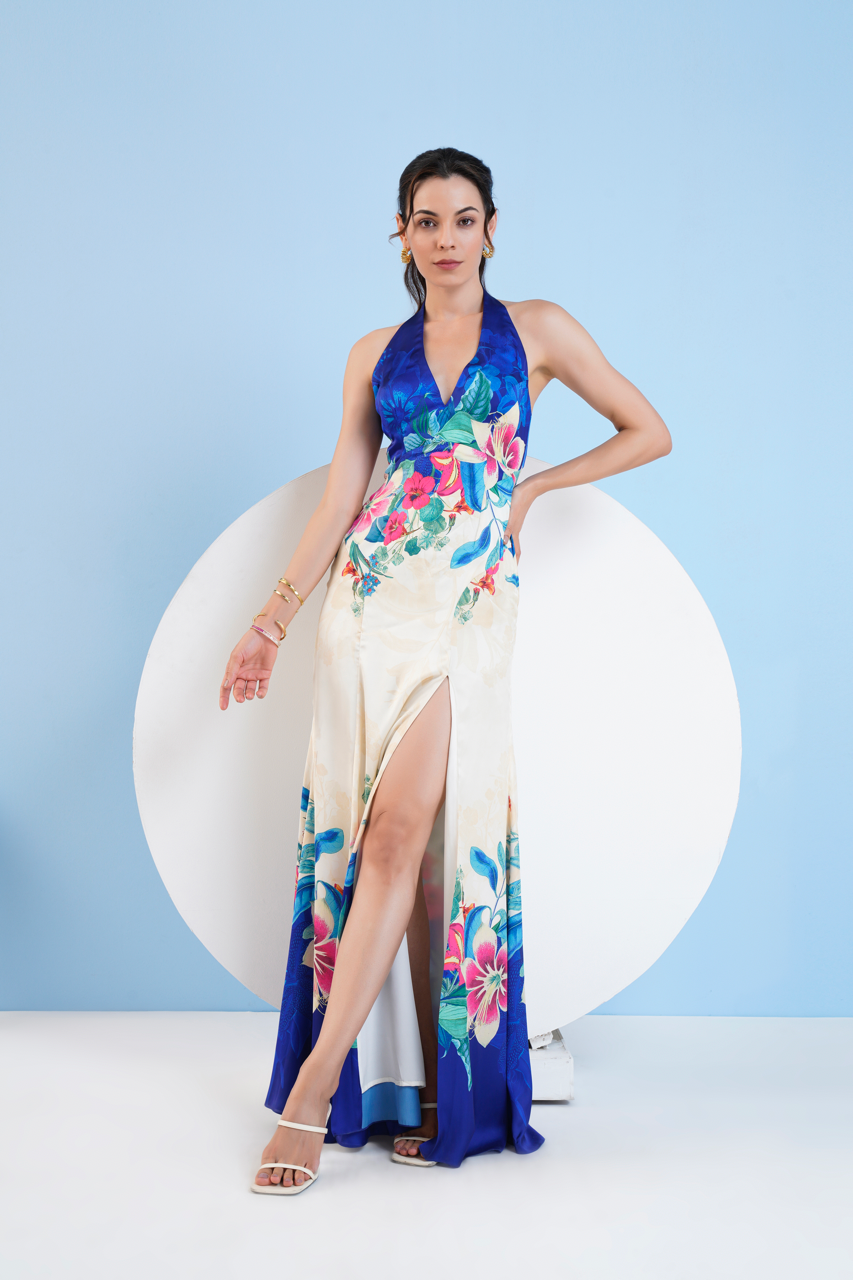 Floral Expression Printed Halter Neck Dress With Slit