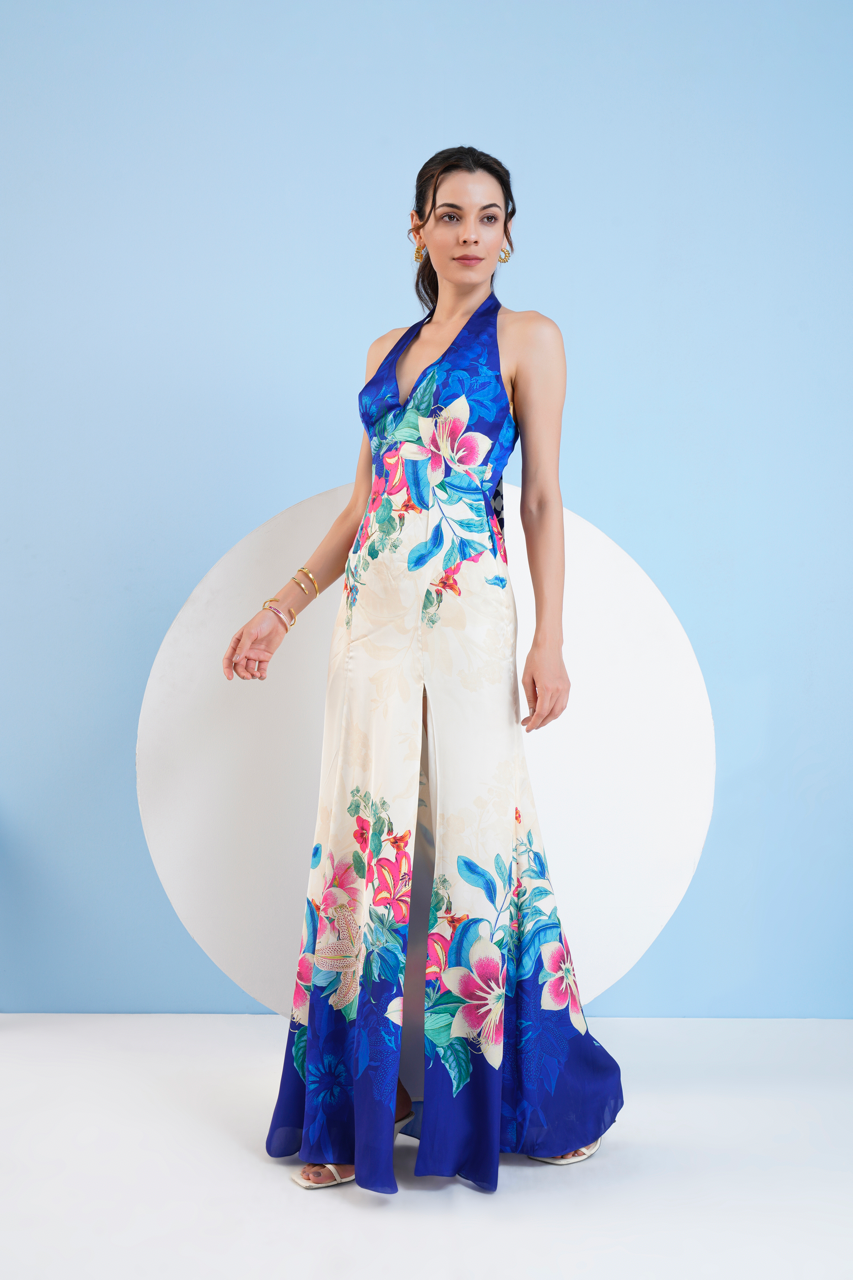 Floral Expression Printed Halter Neck Dress With Slit