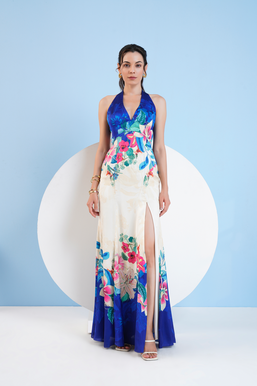 Floral Expression Printed Halter Neck Dress With Slit