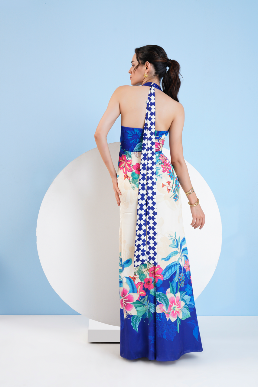 Floral Expression Printed Halter Neck Dress With Slit