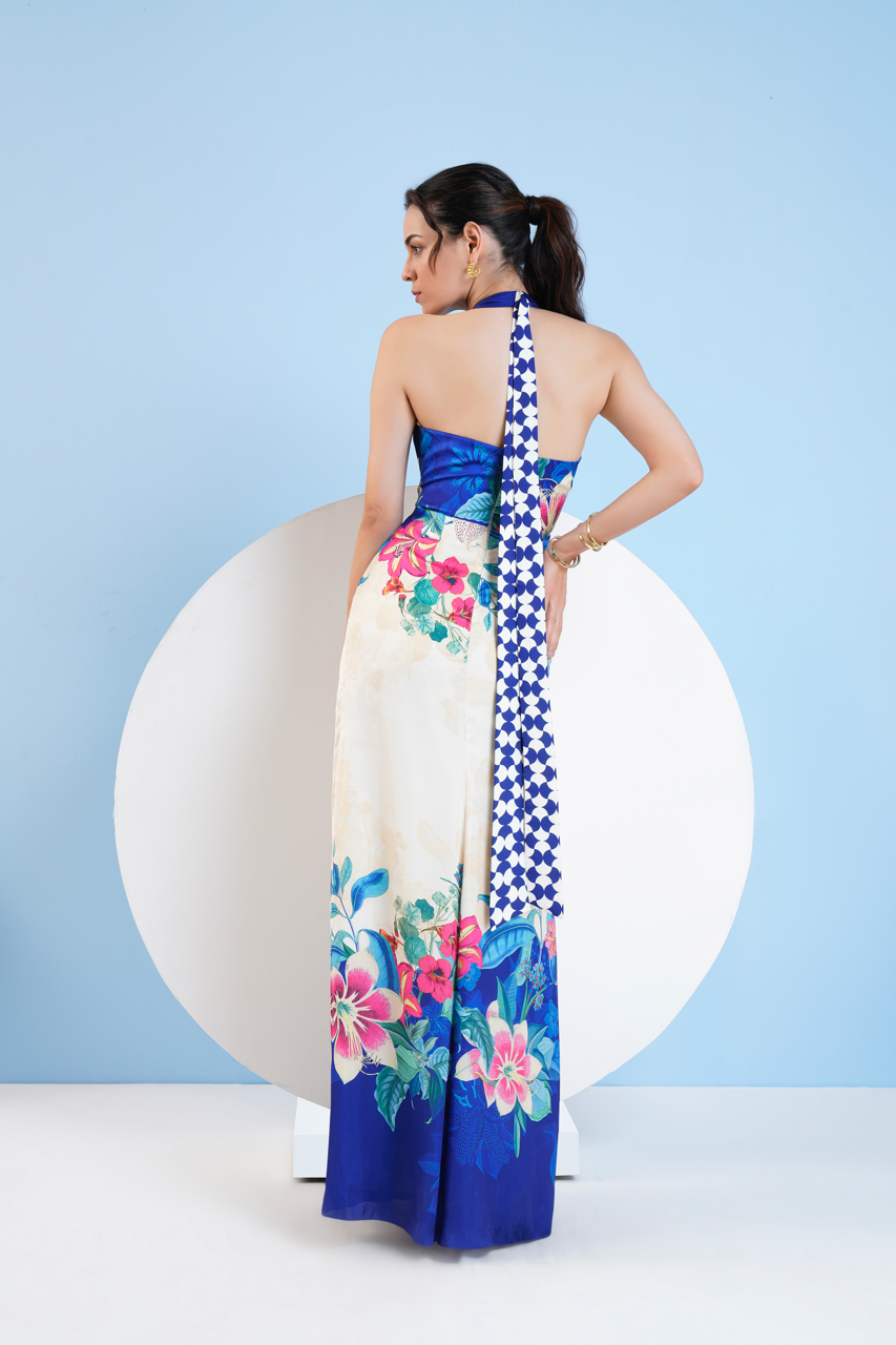 Floral Expression Printed Halter Neck Dress With Slit