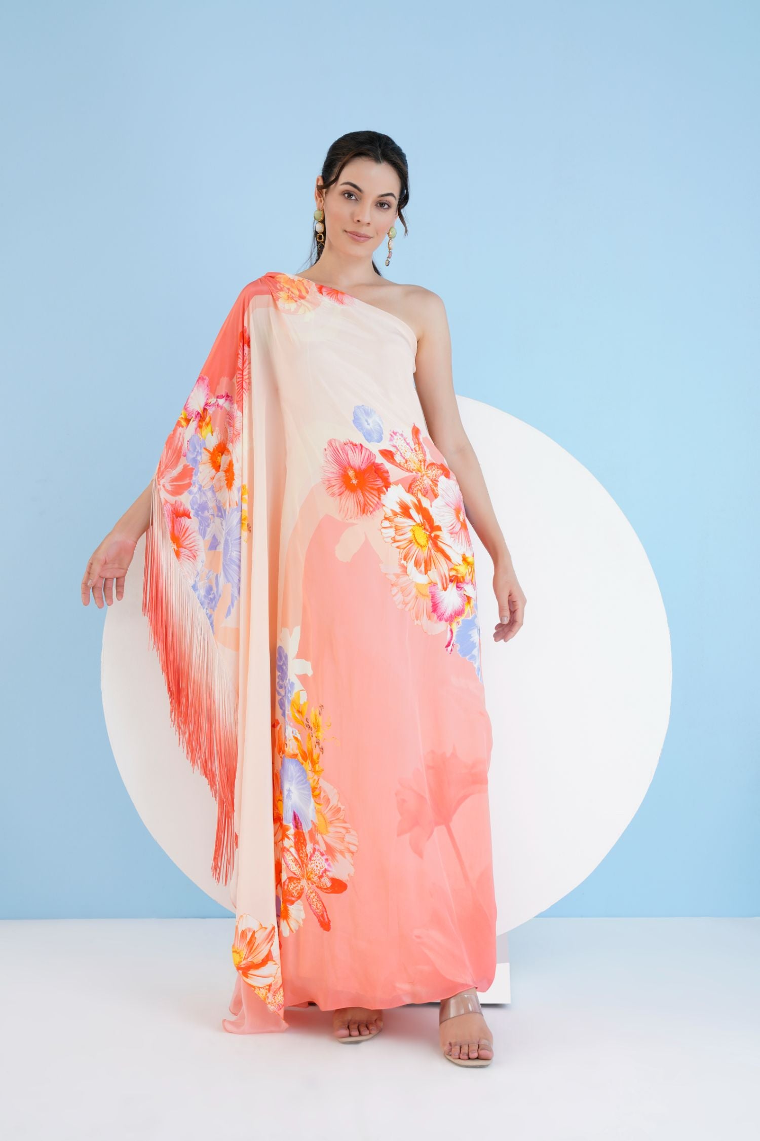 Peach Damsel One Shoulder Long Kaftan