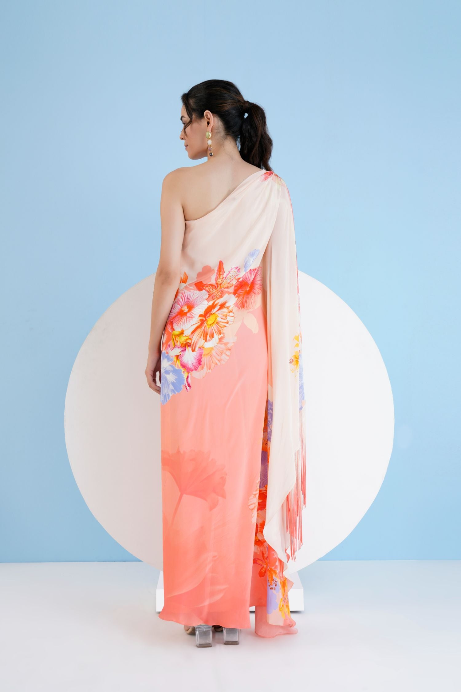 Peach Damsel One Shoulder Long Kaftan