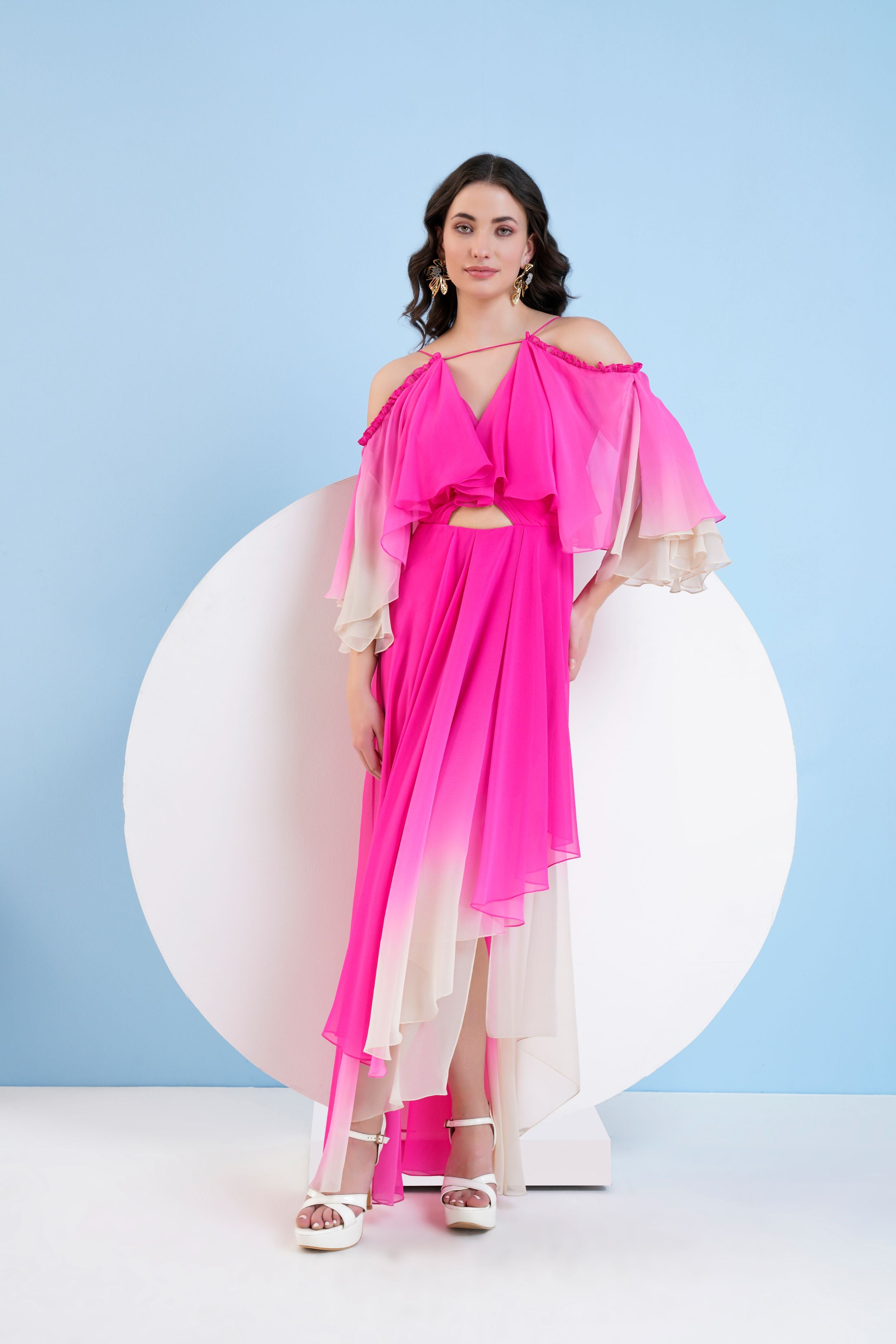 Pink ombre high low dress with shoulder 
 cutout and flared sleeve