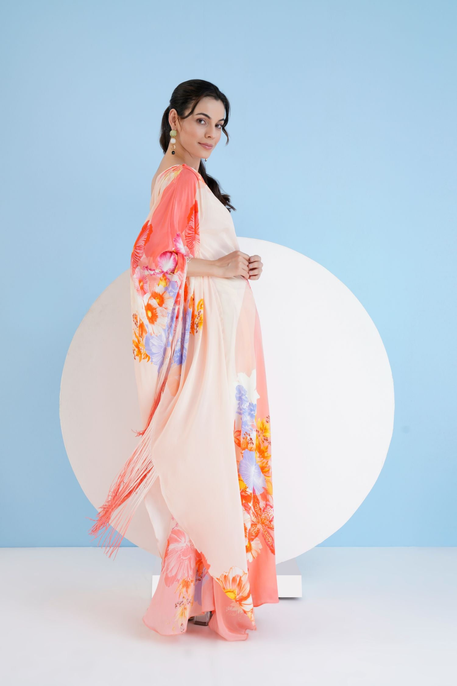 Peach Damsel One Shoulder Long Kaftan