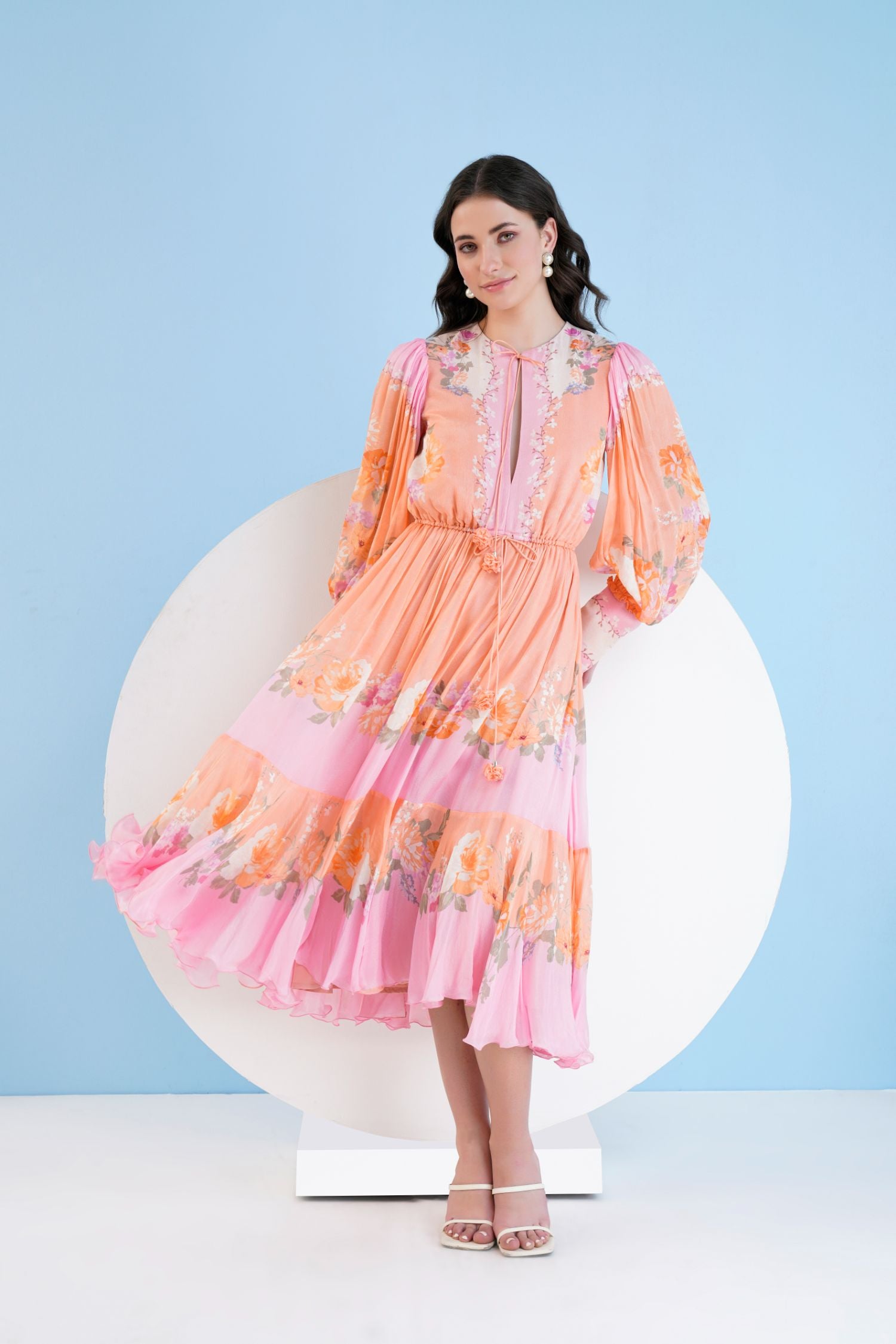 Orange Corsage Printed Calf Length Chiffon Dress