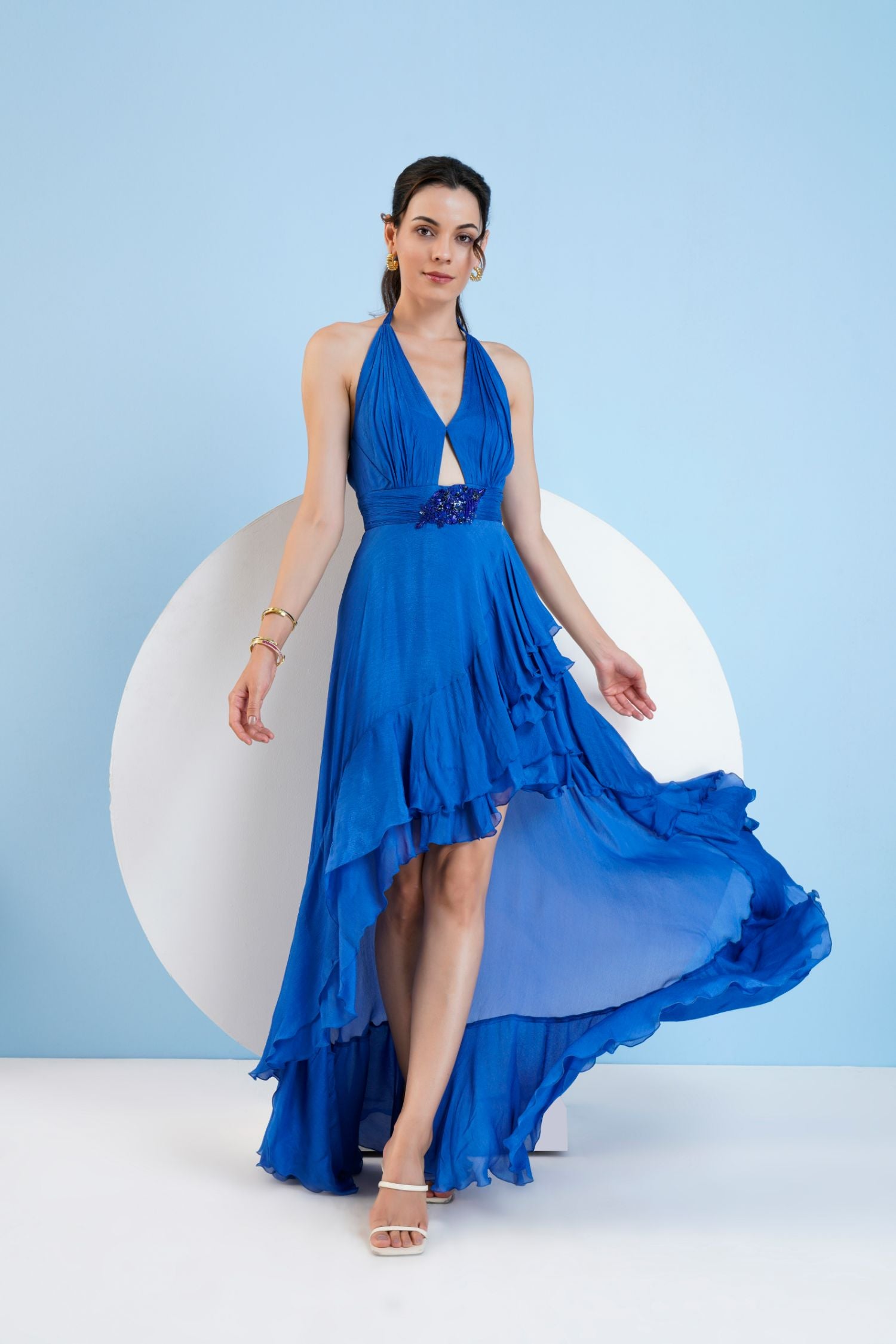 Blue Halter Neck  Dress With Embroidery At Waist