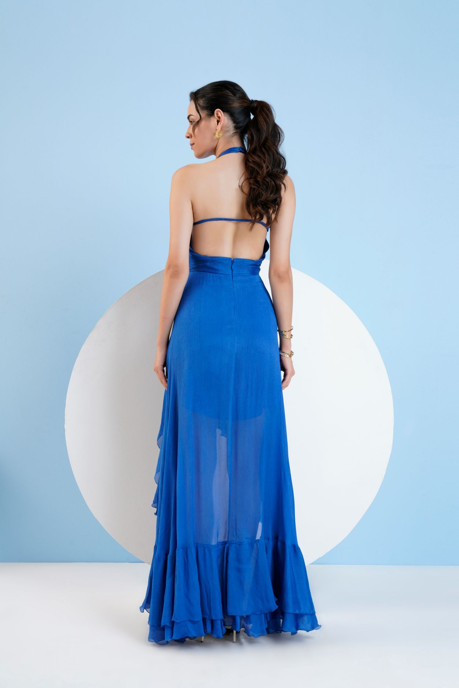 Blue Halter Neck  Dress With Embroidery At Waist