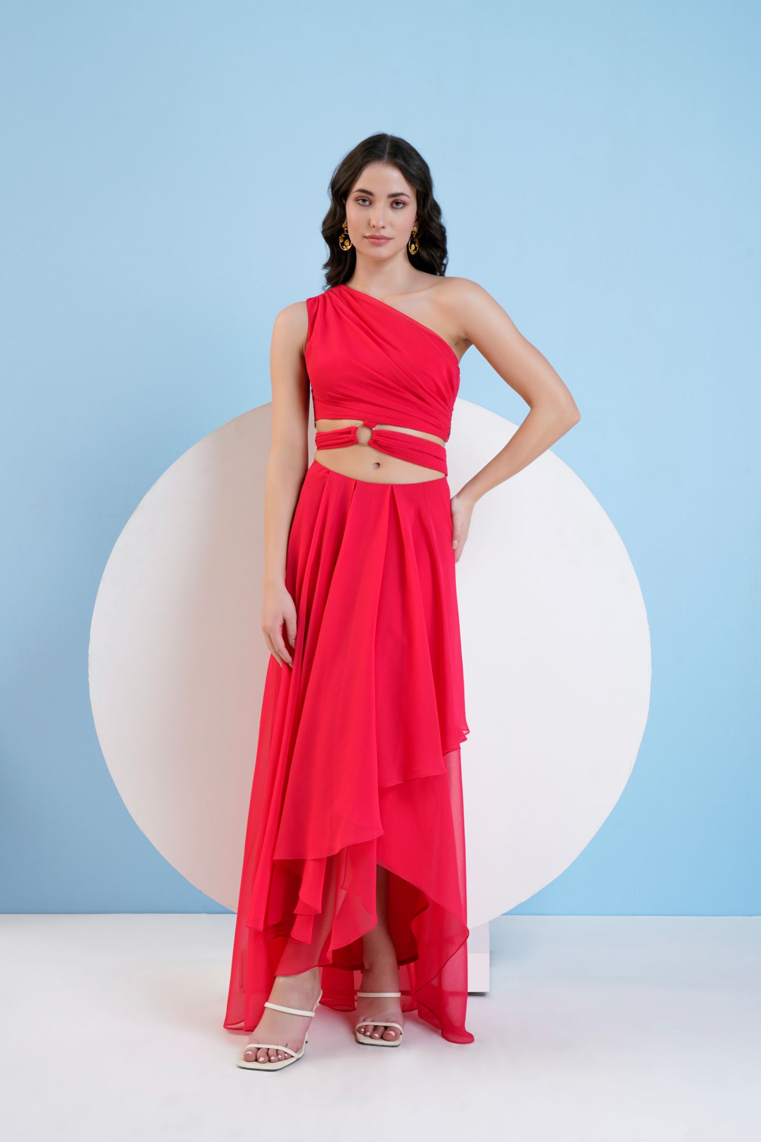 Red One Shoulder High Low Dress With Waist Cutout