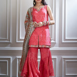 Printed layered short kurta and sharara Set