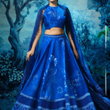 Indigo Lehenga with Printed Halter Neck Blouse and Dupatta