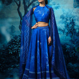 Indigo Lehenga with Printed Halter Neck Blouse and Dupatta