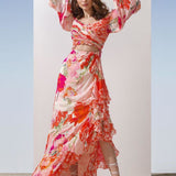 Chiffon Coral Printed Layered Dress