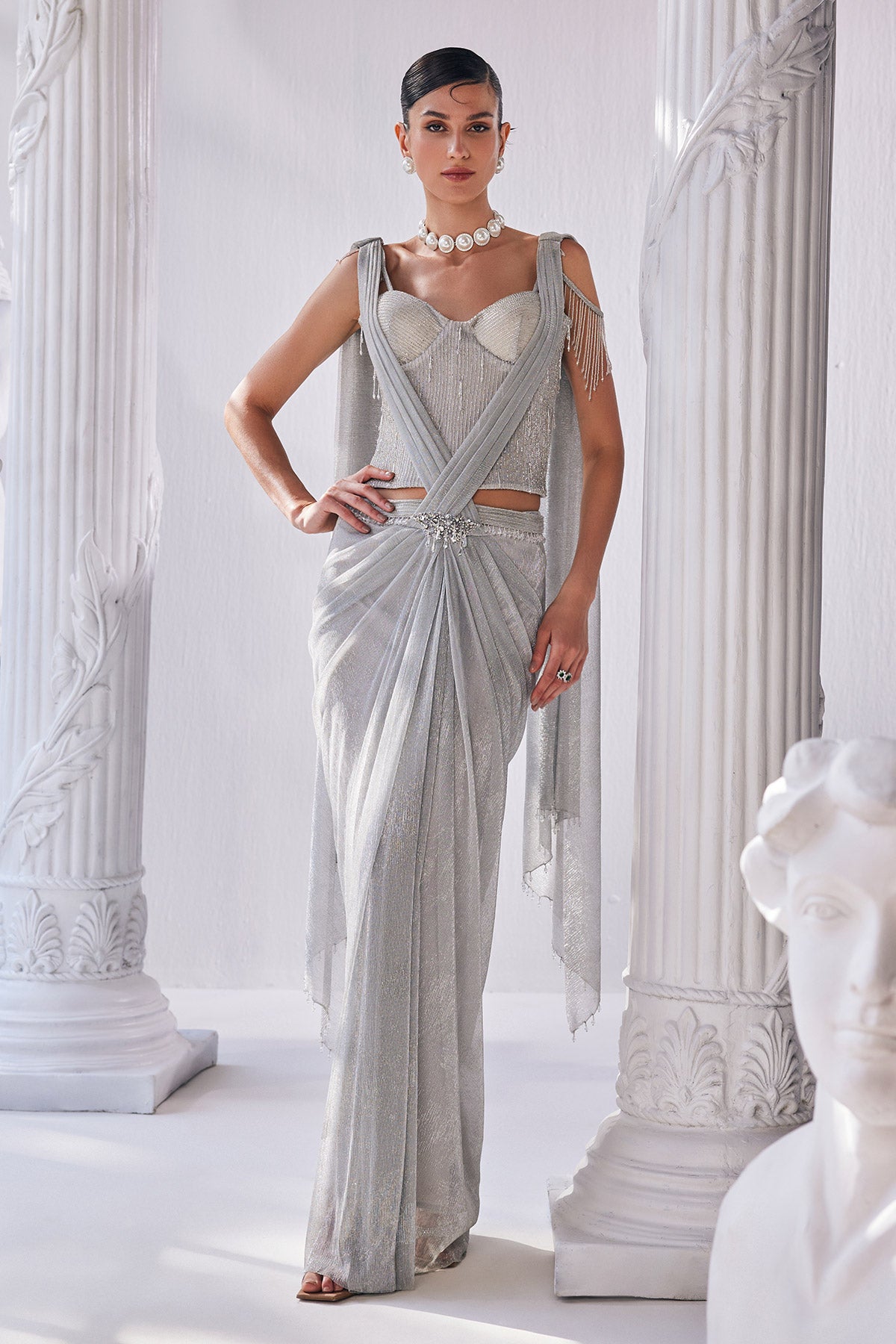 Silver Draped Saree Made With Crinkle Fabric Featuring A Corset Along With A Detailed Belt.