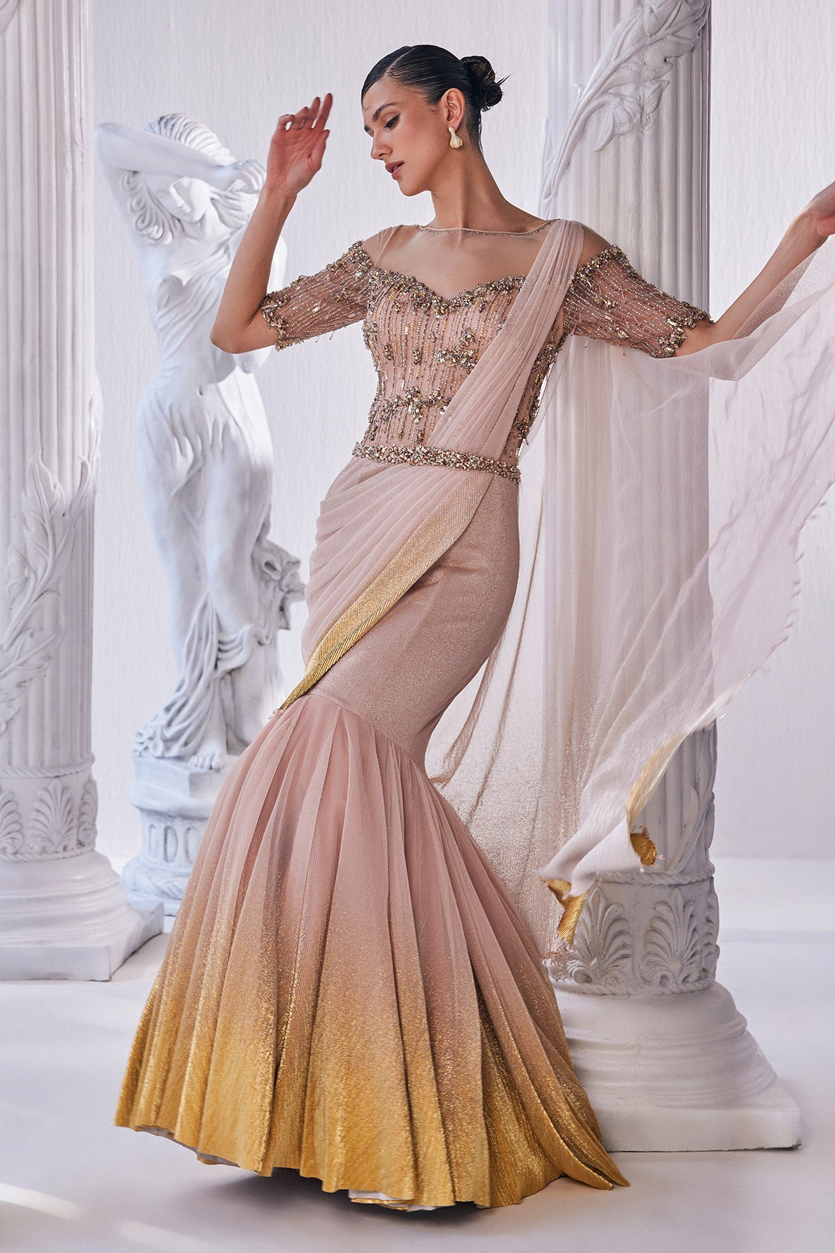 Draped Gown In Luxurious Shimmer Lycra With A Bodice In Bead And Sequin Detailing.