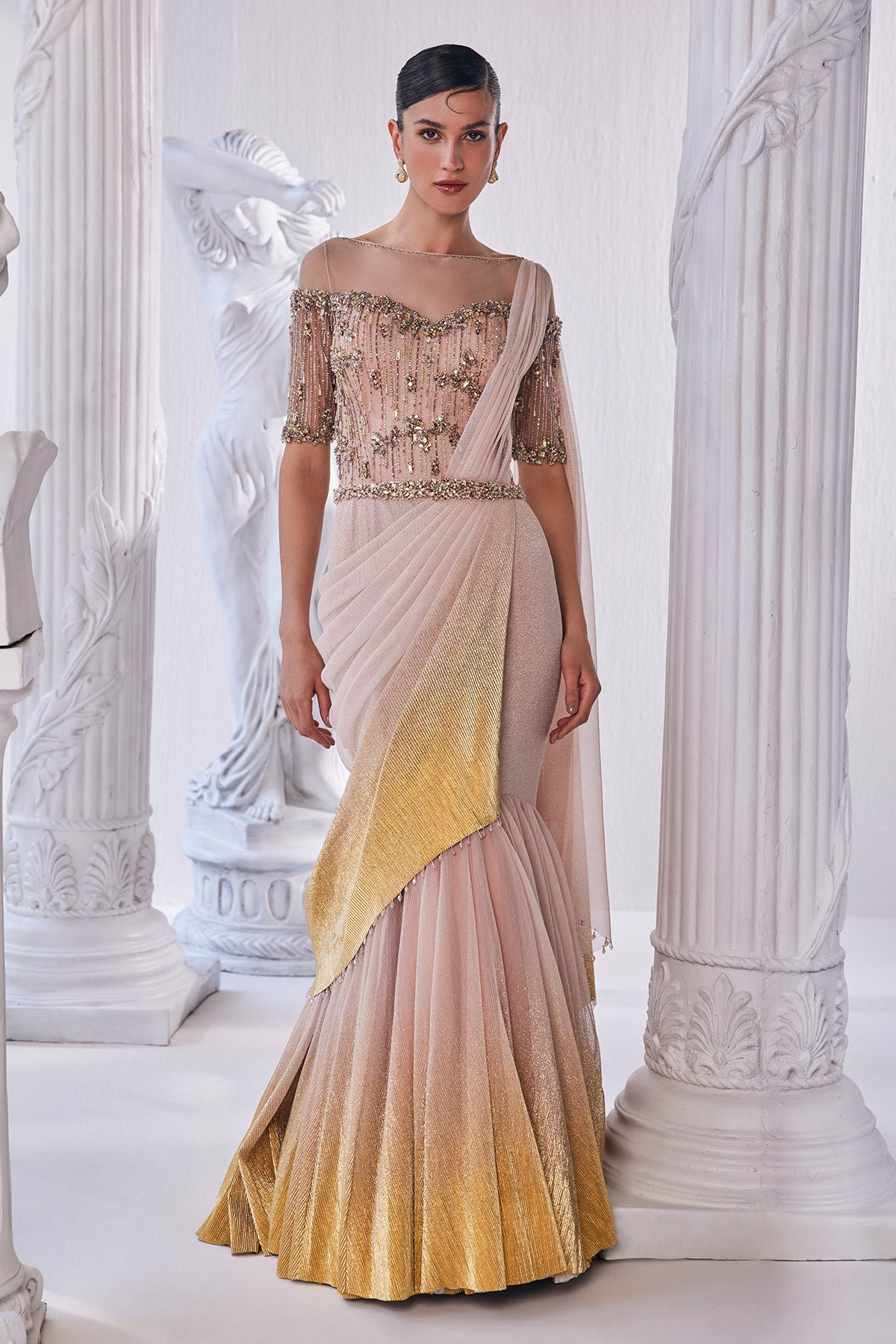 Draped Gown In Luxurious Shimmer Lycra With A Bodice In Bead And Sequin Detailing.